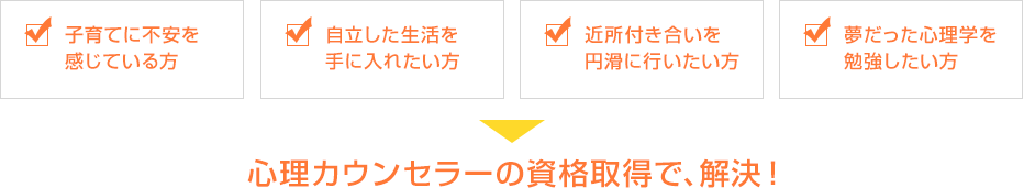 「子育てに不安を感じている方」、「自立した生活を手に入れたい方」、「近所付き合いを円滑に行きたい方」、「夢だった心理学を勉強したい方」⇒【心理カウンセラーの資格取得で、解決!】